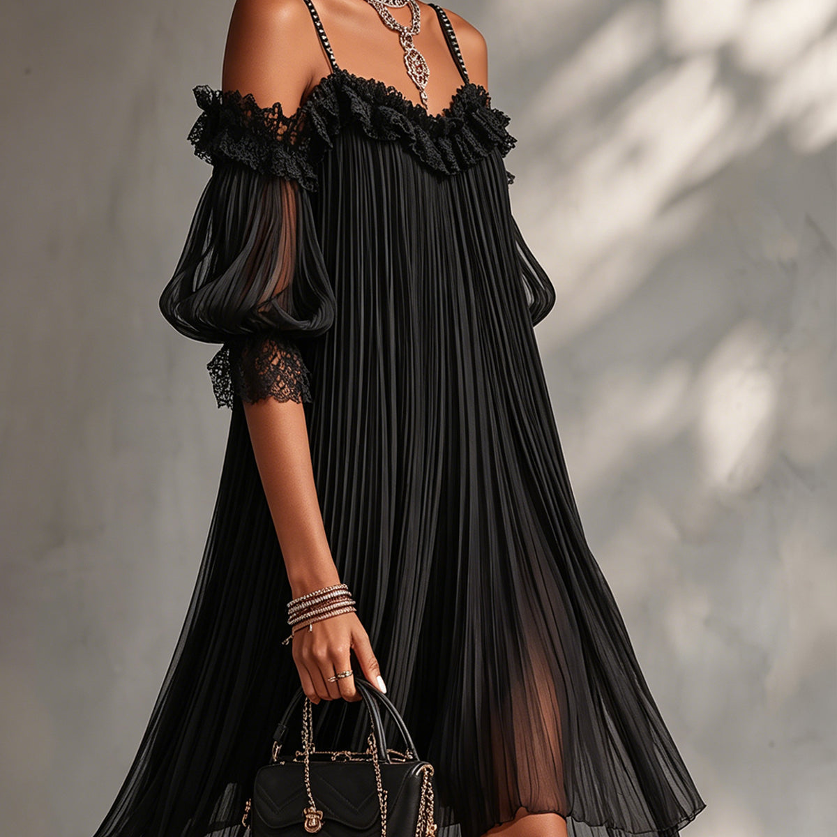 Black Chiffon Mini Dress with Off-the-Shoulder Neckline and Lace — view 2