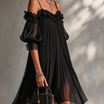 Black Chiffon Mini Dress with Off-the-Shoulder Neckline and Lace — view 2