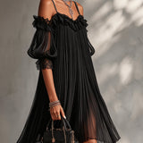 Black Chiffon Mini Dress with Off-the-Shoulder Neckline and Lace — view 2
