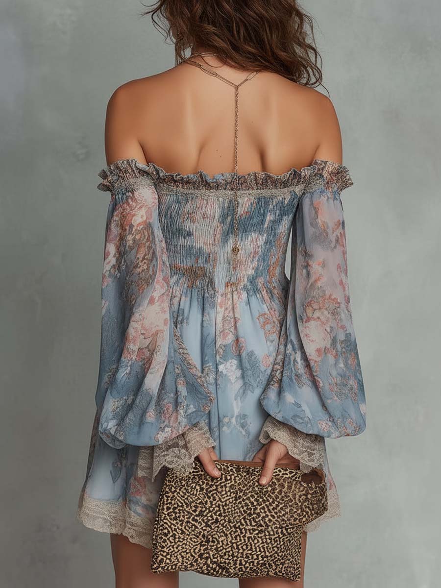 Mini Chiffon Dress with Floral Print and Bare Shoulders — view 2