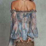 Mini Chiffon Dress with Floral Print and Bare Shoulders — view 2
