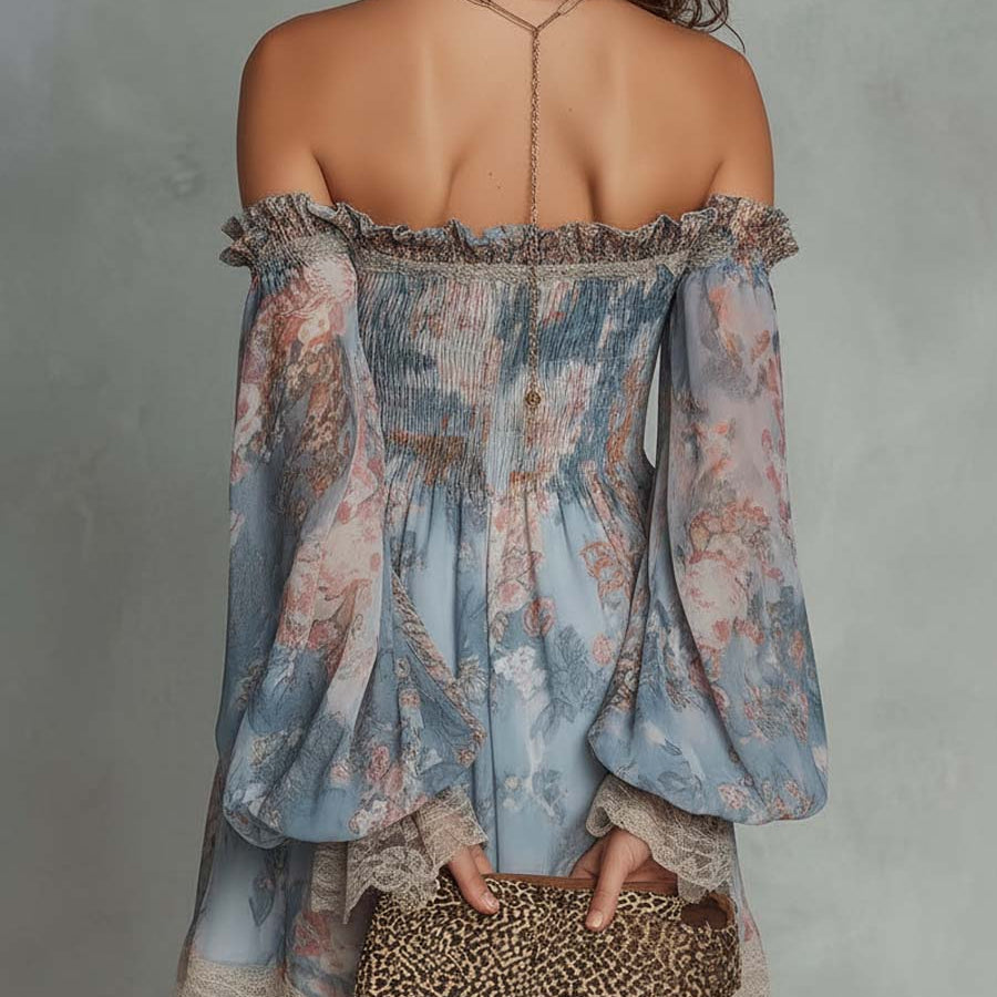 Mini Chiffon Dress with Floral Print and Bare Shoulders — view 2