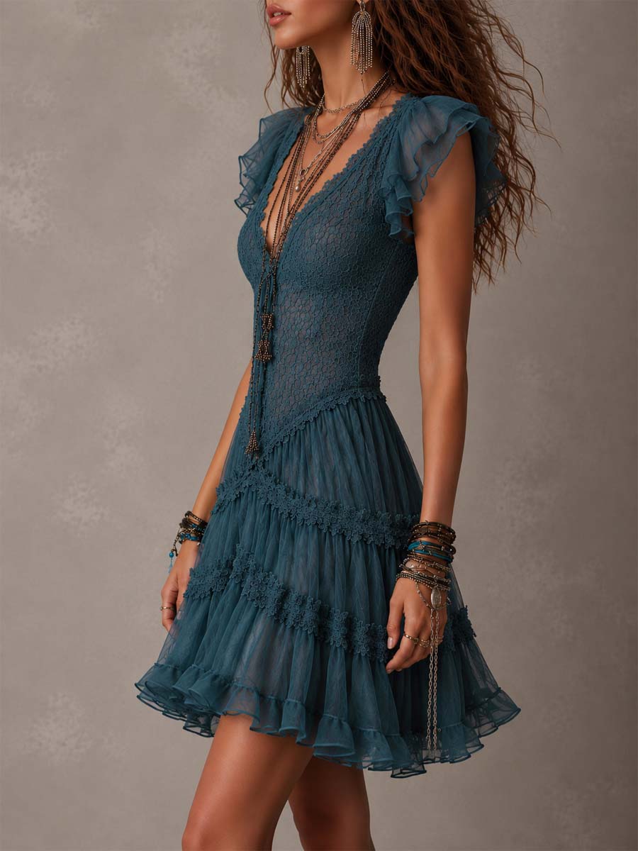 Petrol Blue Mini Dress with Retro Lace and Chiffon Ruffles — view 3