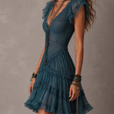 Petrol Blue Mini Dress with Retro Lace and Chiffon Ruffles — view 3