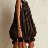 Brown Sleeveless Mini Dress with Balloon Hem — view 2