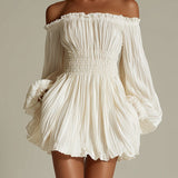 White Mini Dress with Exposed Shoulders and Cinched Waist — view 3
