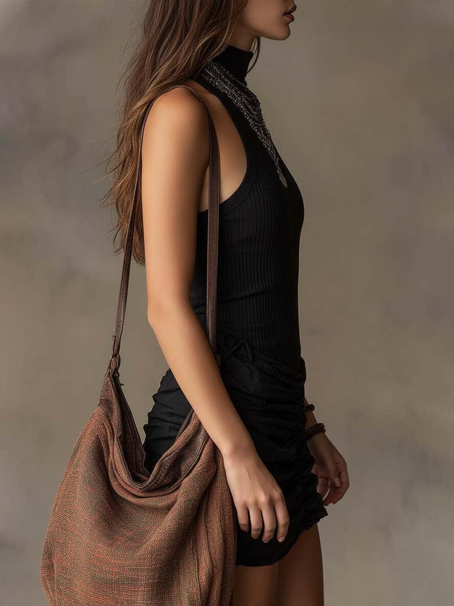 Bohemian Black Mini Dress with Cutout Shoulders and Pleated Folds — view 3