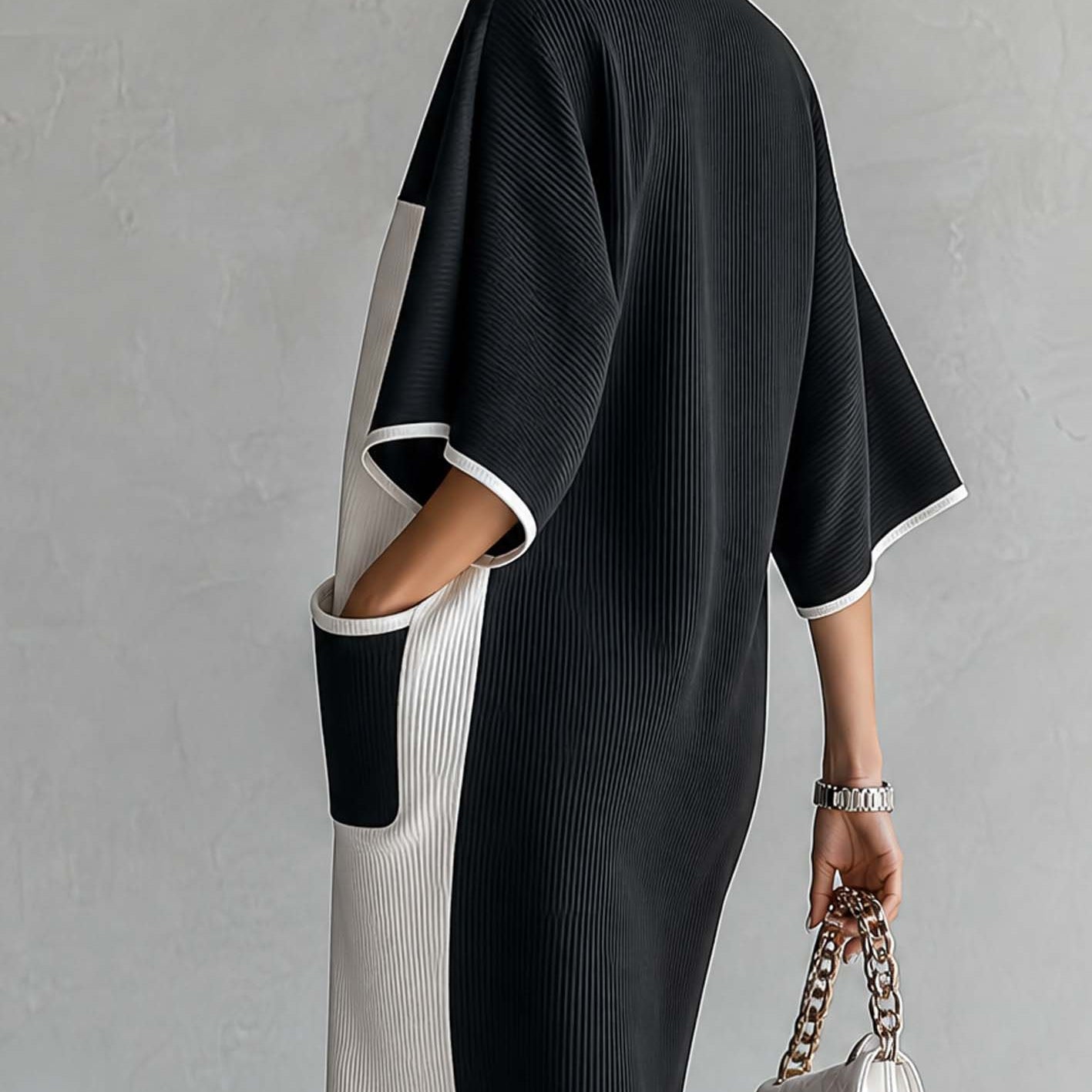Black and White Two-Tone Midi Dress with Batwing Sleeves — view 2