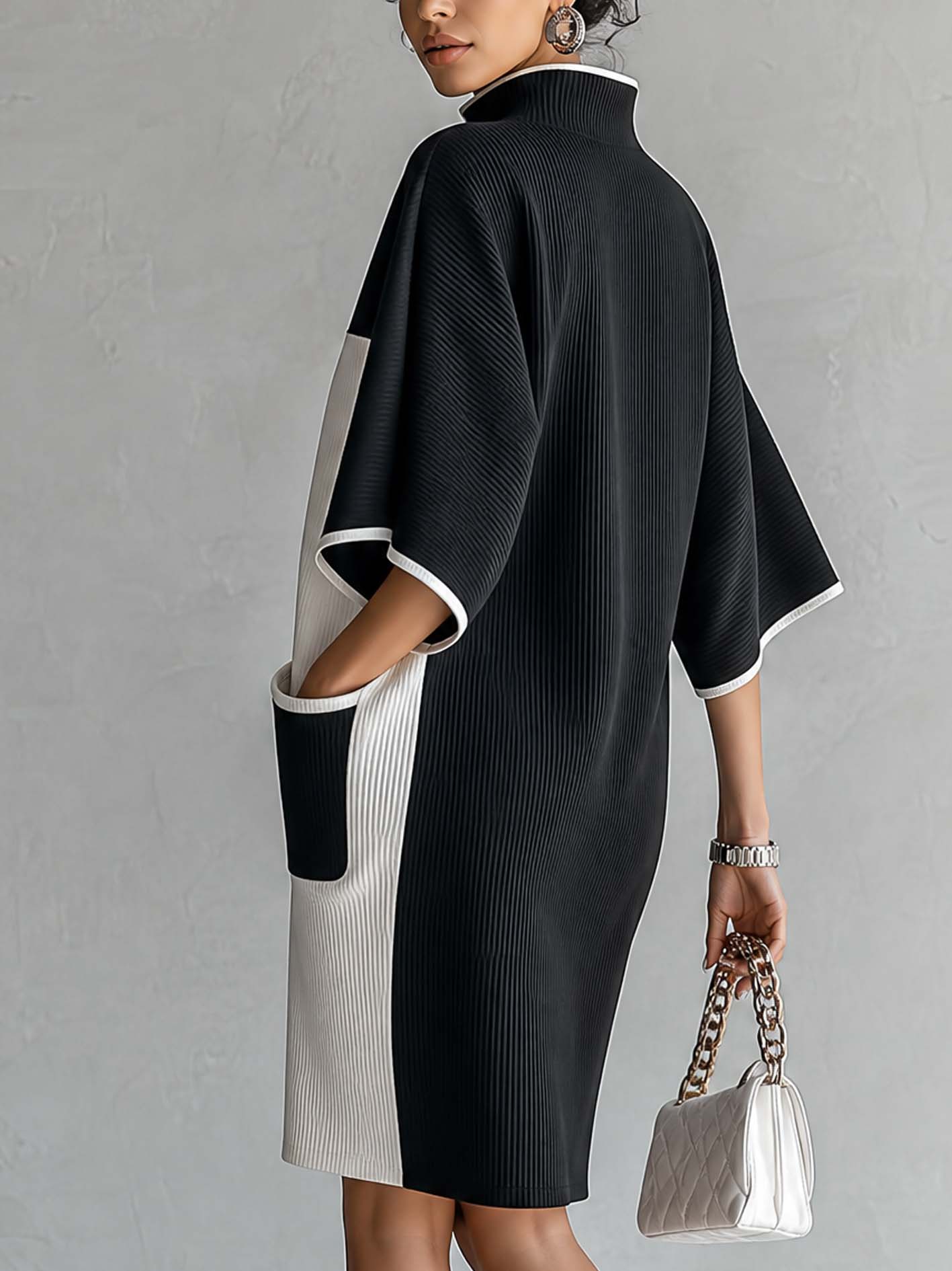 Black and White Two-Tone Midi Dress with Batwing Sleeves — view 2