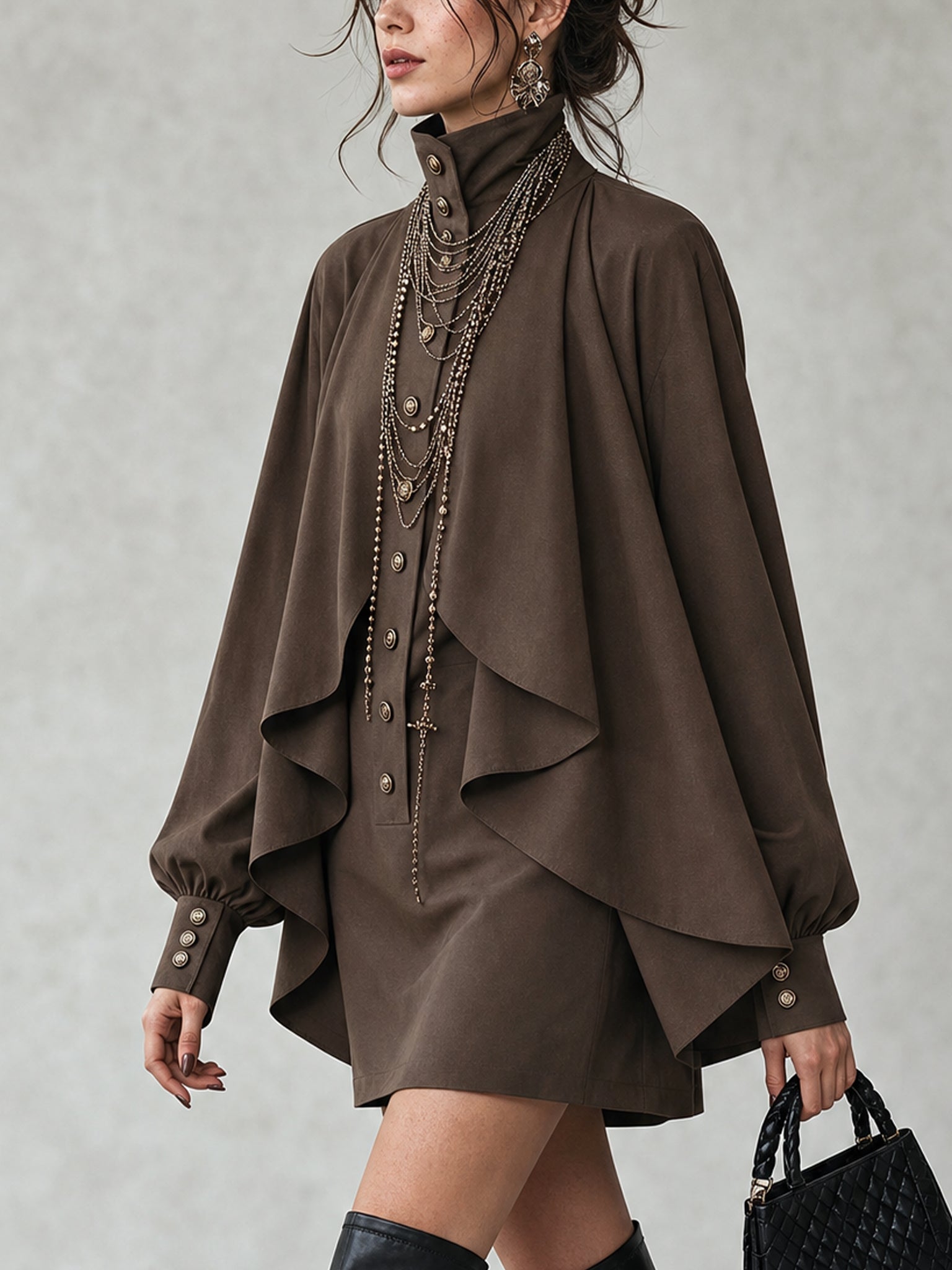 Mini Velvet Dress with High Collar and Cape-Style Panels — view 2