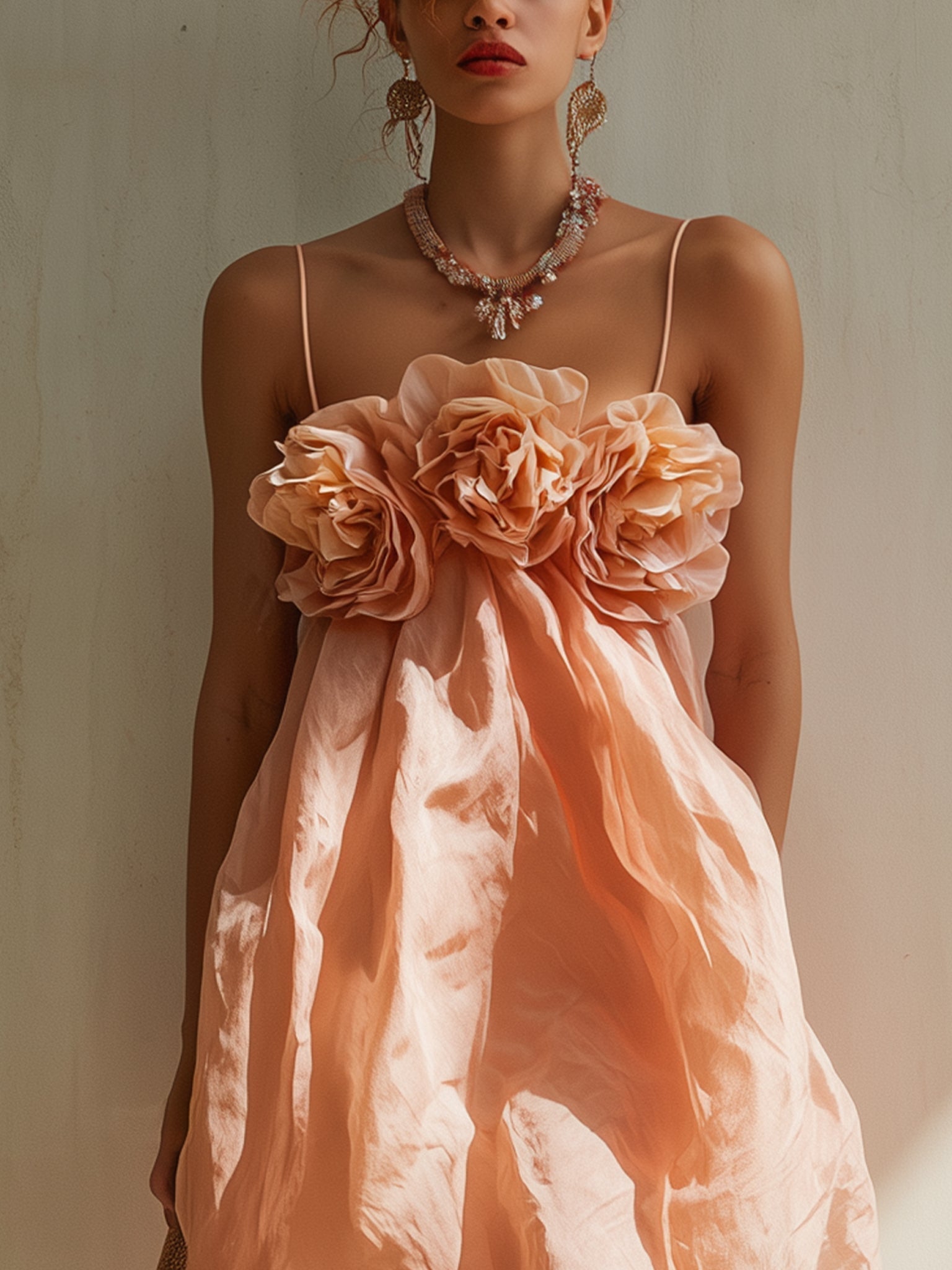 Pink Mini Dress with 3D Flowers and Thin Straps — view 5