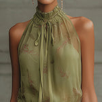 Mini Chiffon Dress with Green Flowers and Elastic Waist — view 2