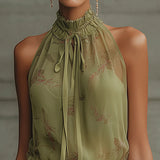 Mini Chiffon Dress with Green Flowers and Elastic Waist — view 2