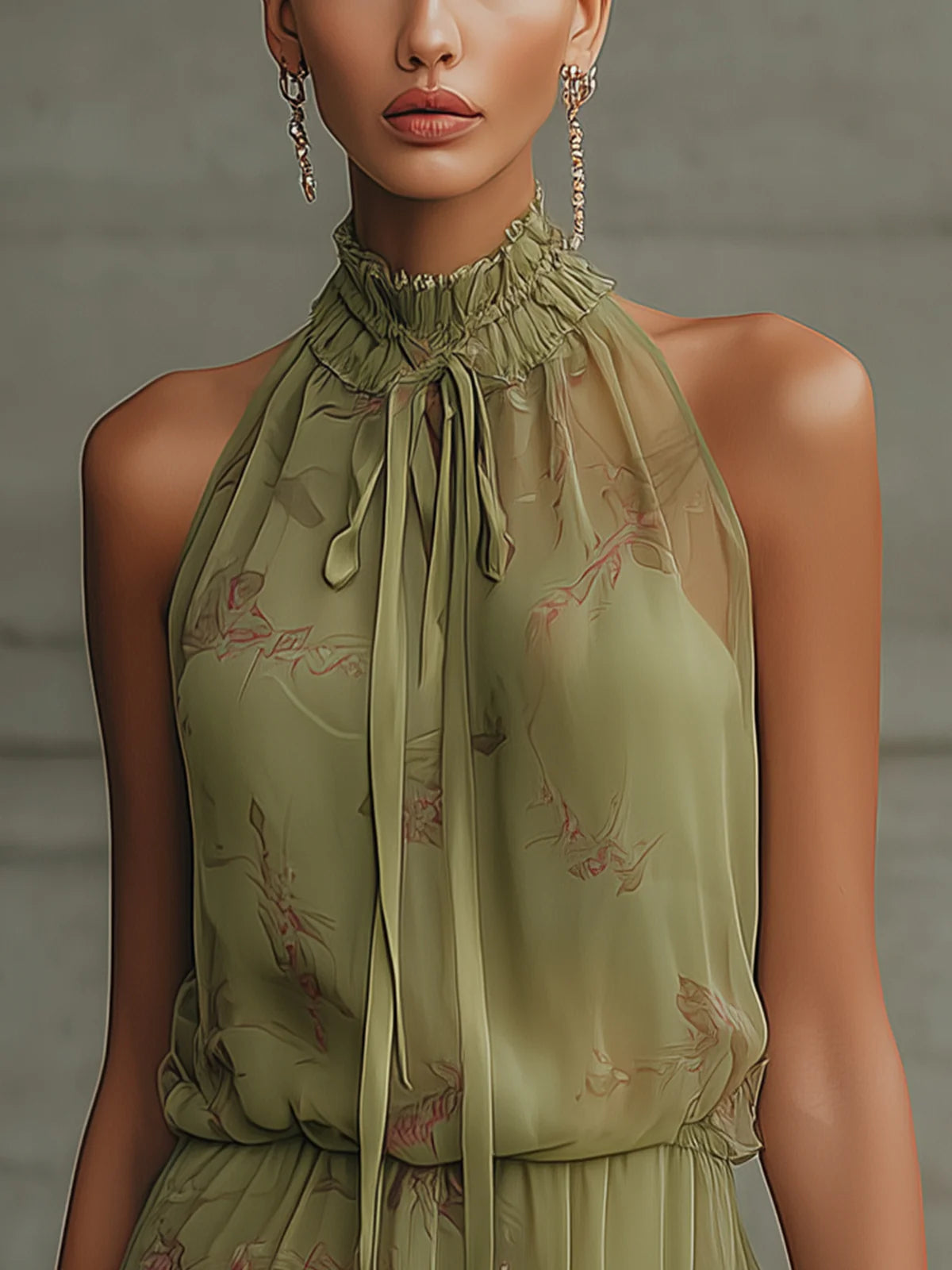 Mini Chiffon Dress with Green Flowers and Elastic Waist — view 2