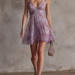 Chiffon Mini Dress with Retro Floral Print in Purple — view 4