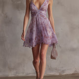 Chiffon Mini Dress with Retro Floral Print in Purple — view 4