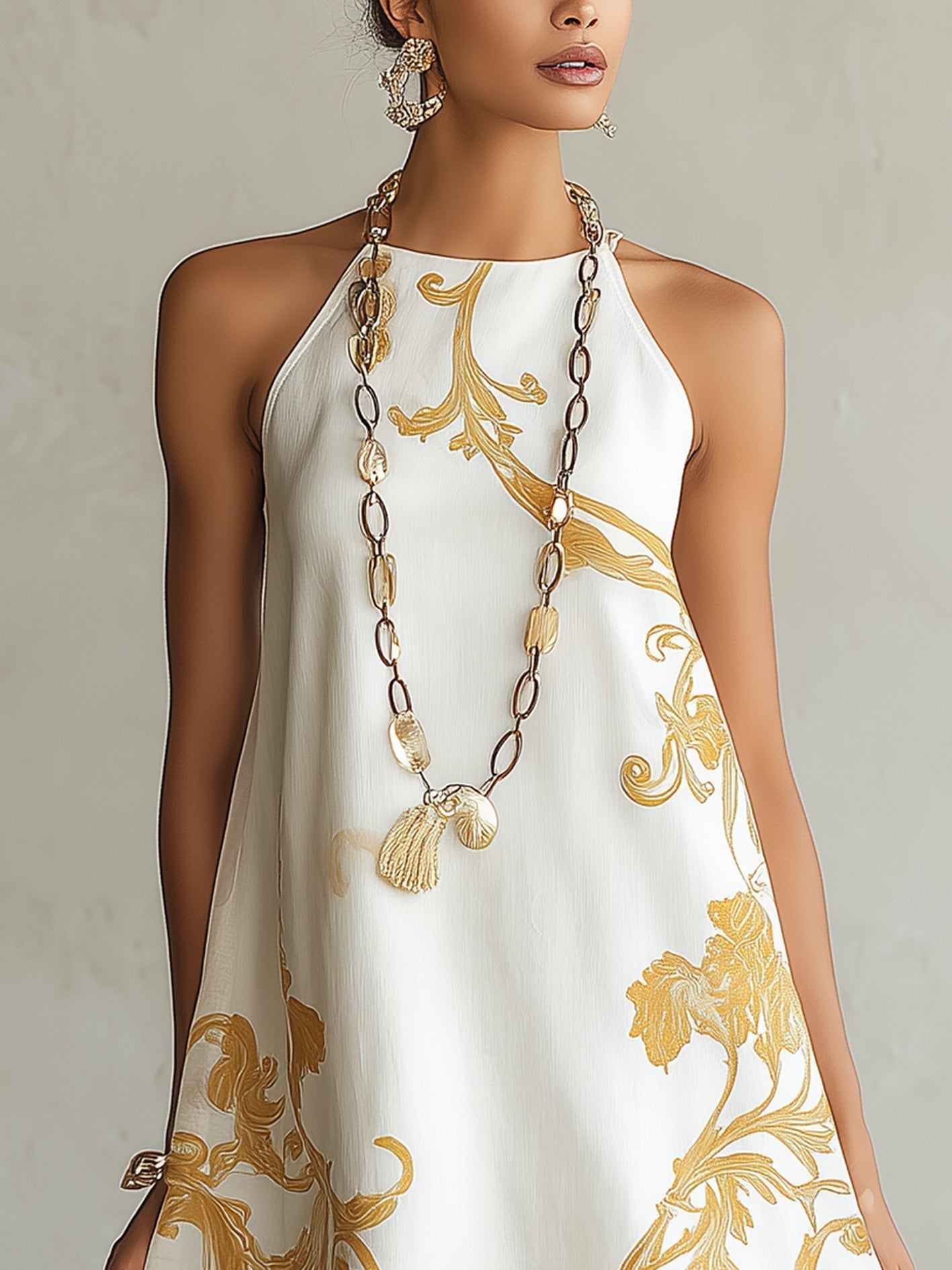 White Mini Dress with Golden Floral Print — view 3