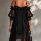 Black Chiffon Mini Dress with Off-the-Shoulder Neckline and Lace — view 3