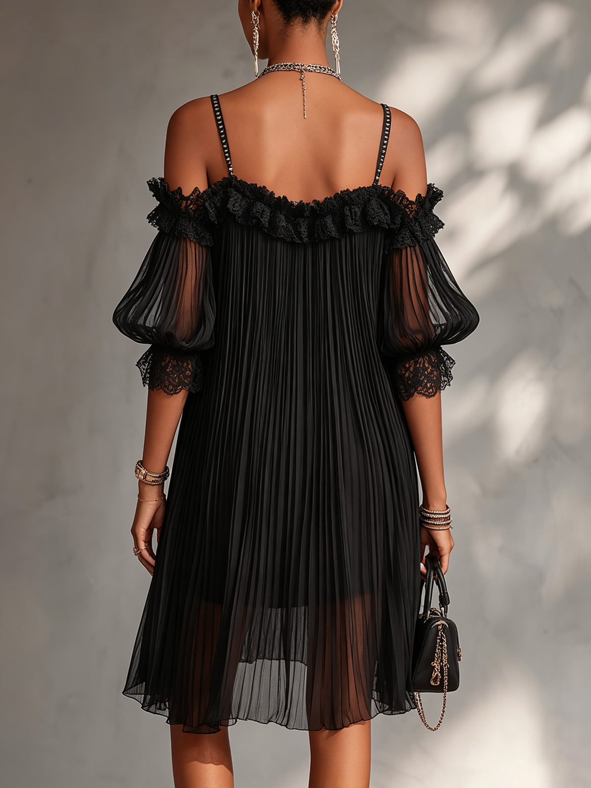 Black Chiffon Mini Dress with Off-the-Shoulder Neckline and Lace — view 3