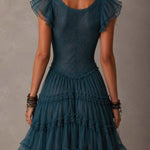 Petrol Blue Mini Dress with Retro Lace and Chiffon Ruffles — view 2