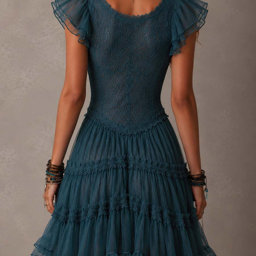 Petrol Blue Mini Dress with Retro Lace and Chiffon Ruffles — view 2