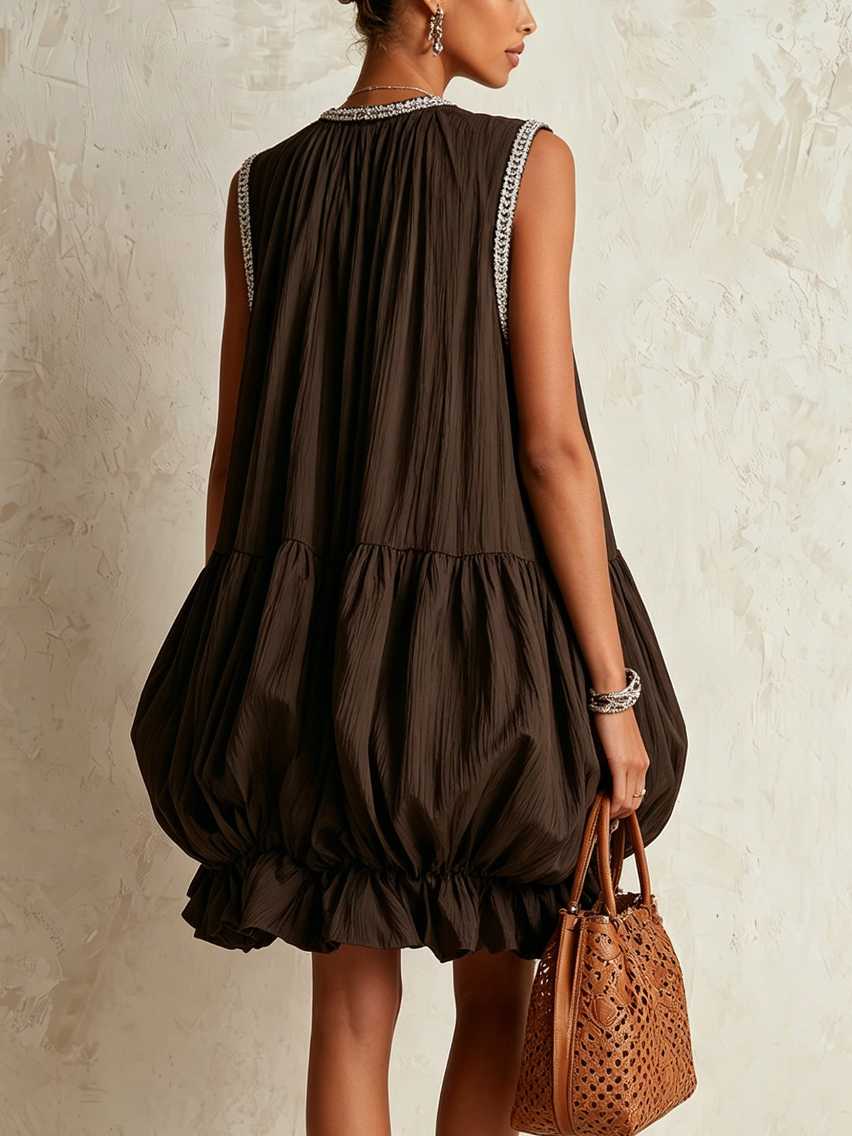 Brown Sleeveless Mini Dress with Balloon Hem — view 3