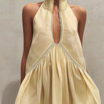 Yellow Sleeveless Mini Dress with Deep V-Neck and Lace — view 3