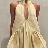 Yellow Sleeveless Mini Dress with Deep V-Neck and Lace — view 3