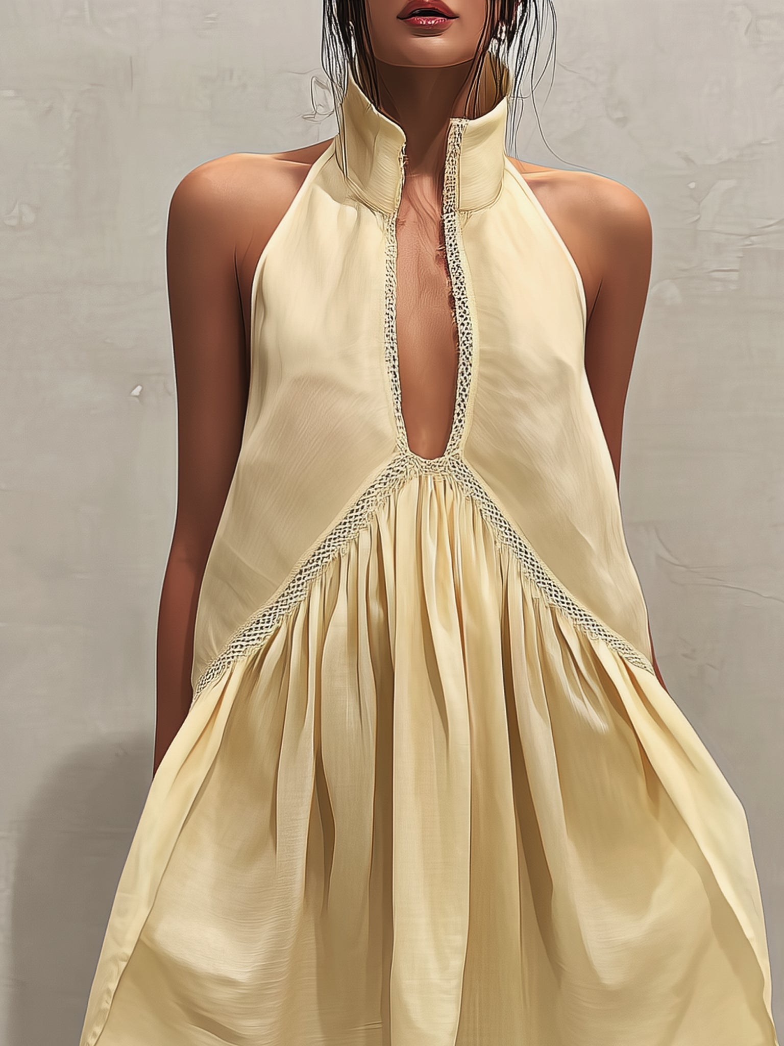 Yellow Sleeveless Mini Dress with Deep V-Neck and Lace — view 3