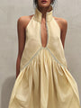 Yellow Sleeveless Mini Dress with Deep V-Neck and Lace — view 3