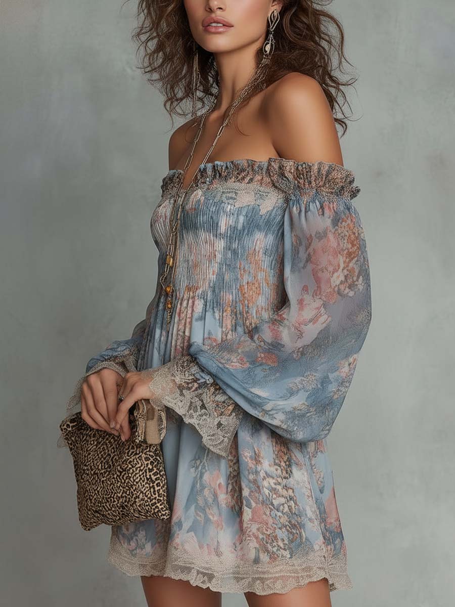 Mini Chiffon Dress with Floral Print and Bare Shoulders — view 4