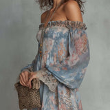 Mini Chiffon Dress with Floral Print and Bare Shoulders — view 4