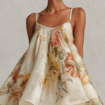 Beige Floral Organza Mini Dress with Lace — view 3