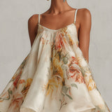 Beige Floral Organza Mini Dress with Lace — view 3