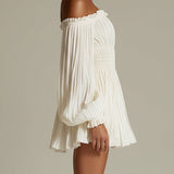 White Mini Dress with Exposed Shoulders and Cinched Waist — view 4