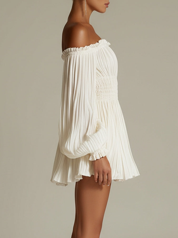 White Mini Dress with Exposed Shoulders and Cinched Waist — view 4