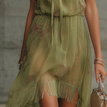 Mini Chiffon Dress with Green Flowers and Elastic Waist — view 3
