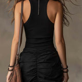 Bohemian Black Mini Dress with Cutout Shoulders and Pleated Folds — view 2