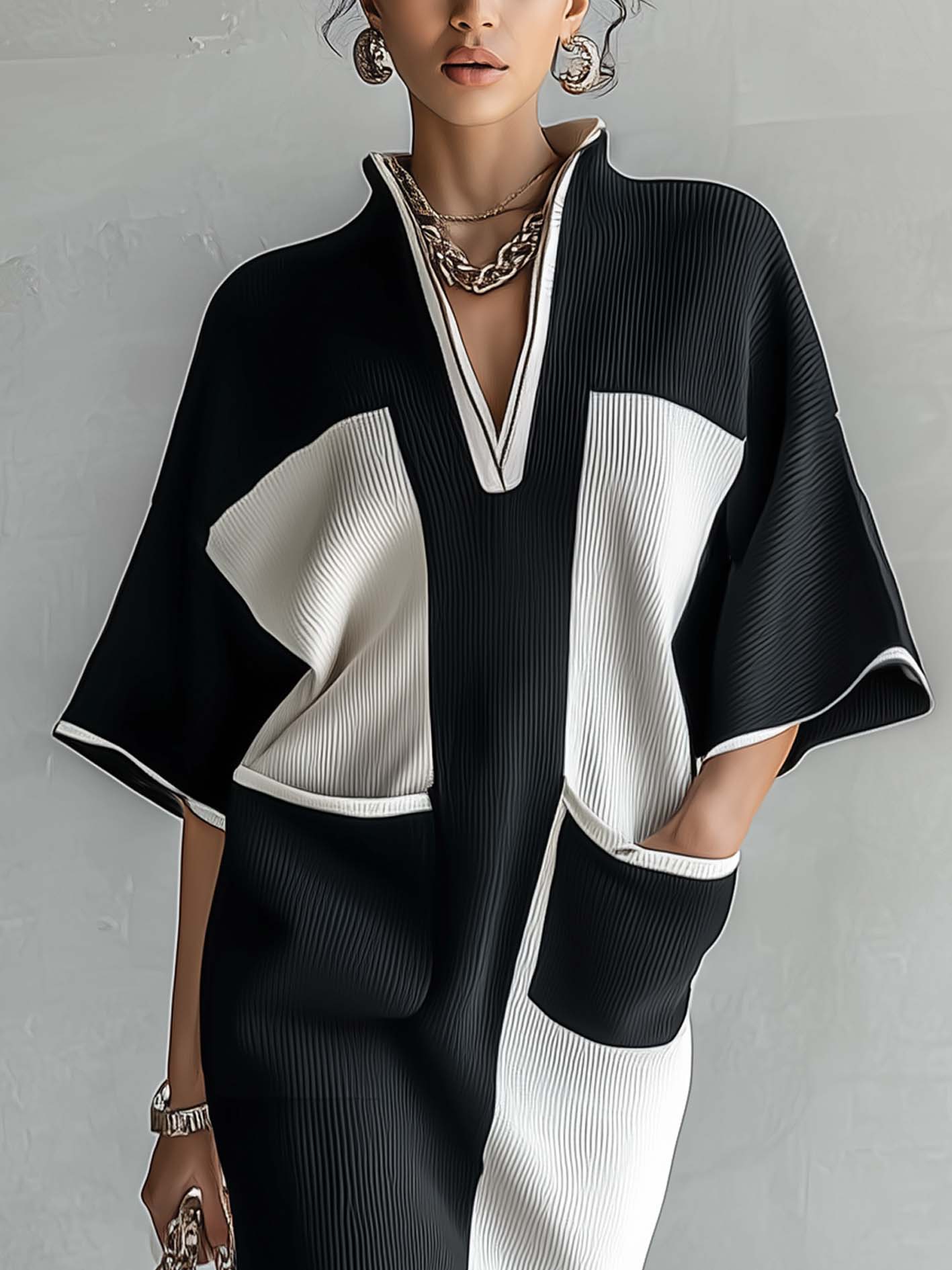 Black and White Two-Tone Midi Dress with Batwing Sleeves — view 3