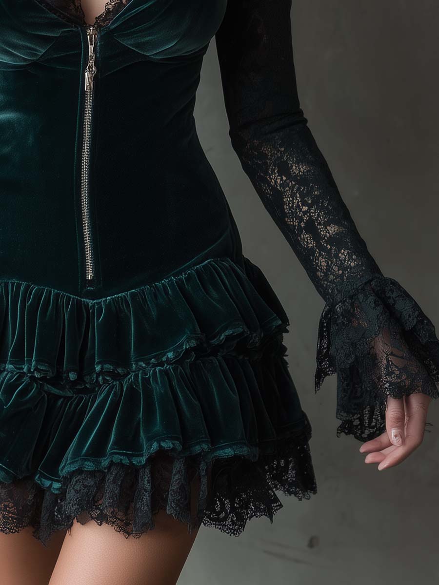 Dark Green Velvet Mini Dress with Lace Sleeves — view 3