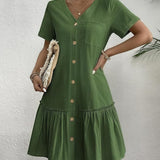 Loose Shirt Dress with a Button and Short Sleeves — view 3
