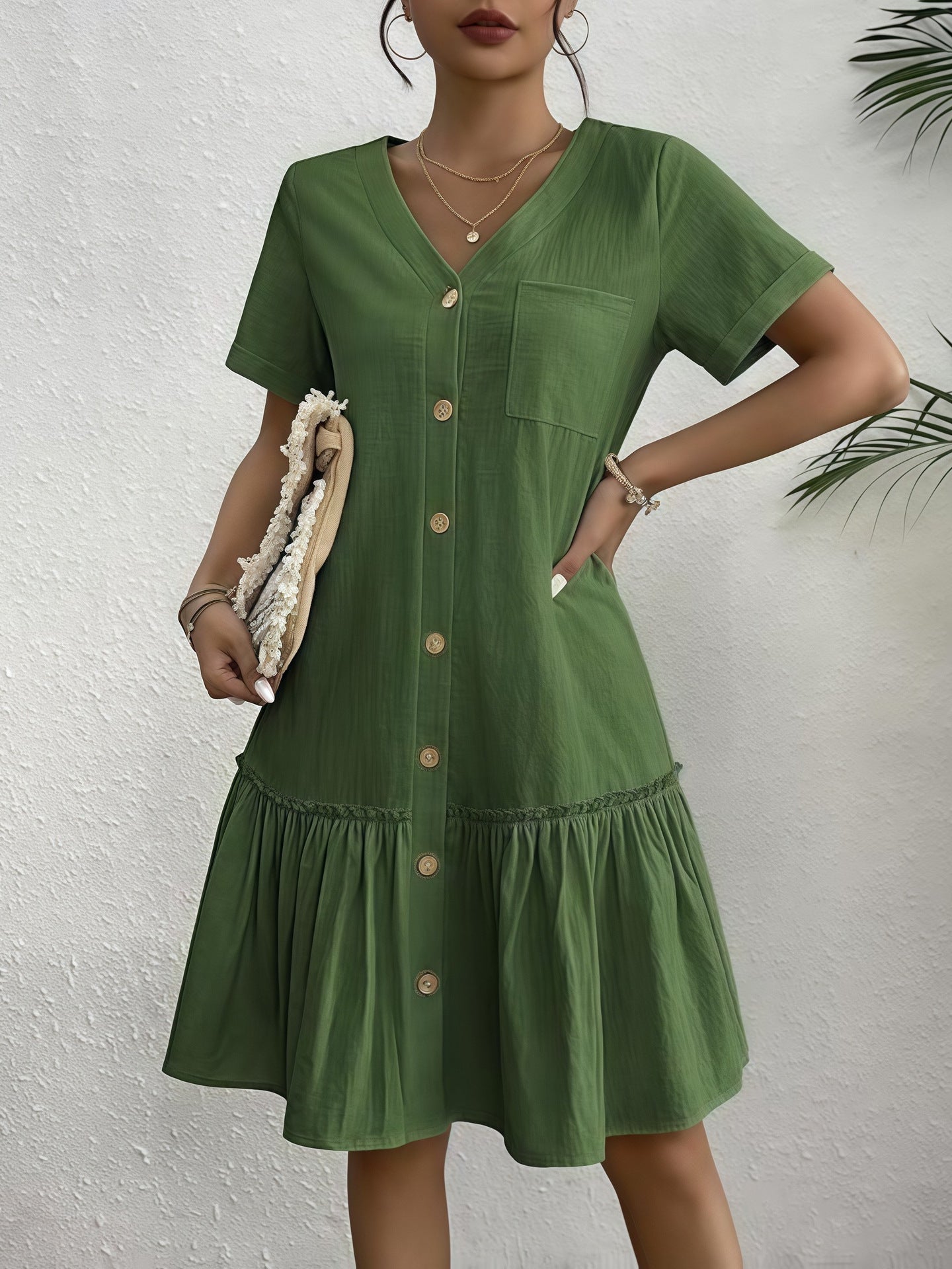 Loose Shirt Dress with a Button and Short Sleeves — view 3