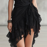 Black Mini Dress with Round Neckline, Lace and Ruffles — view 4