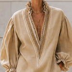 Beige Mini Dress with V-Neck and Puffed Sleeves — view 3