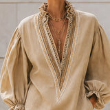 Beige Mini Dress with V-Neck and Puffed Sleeves — view 3