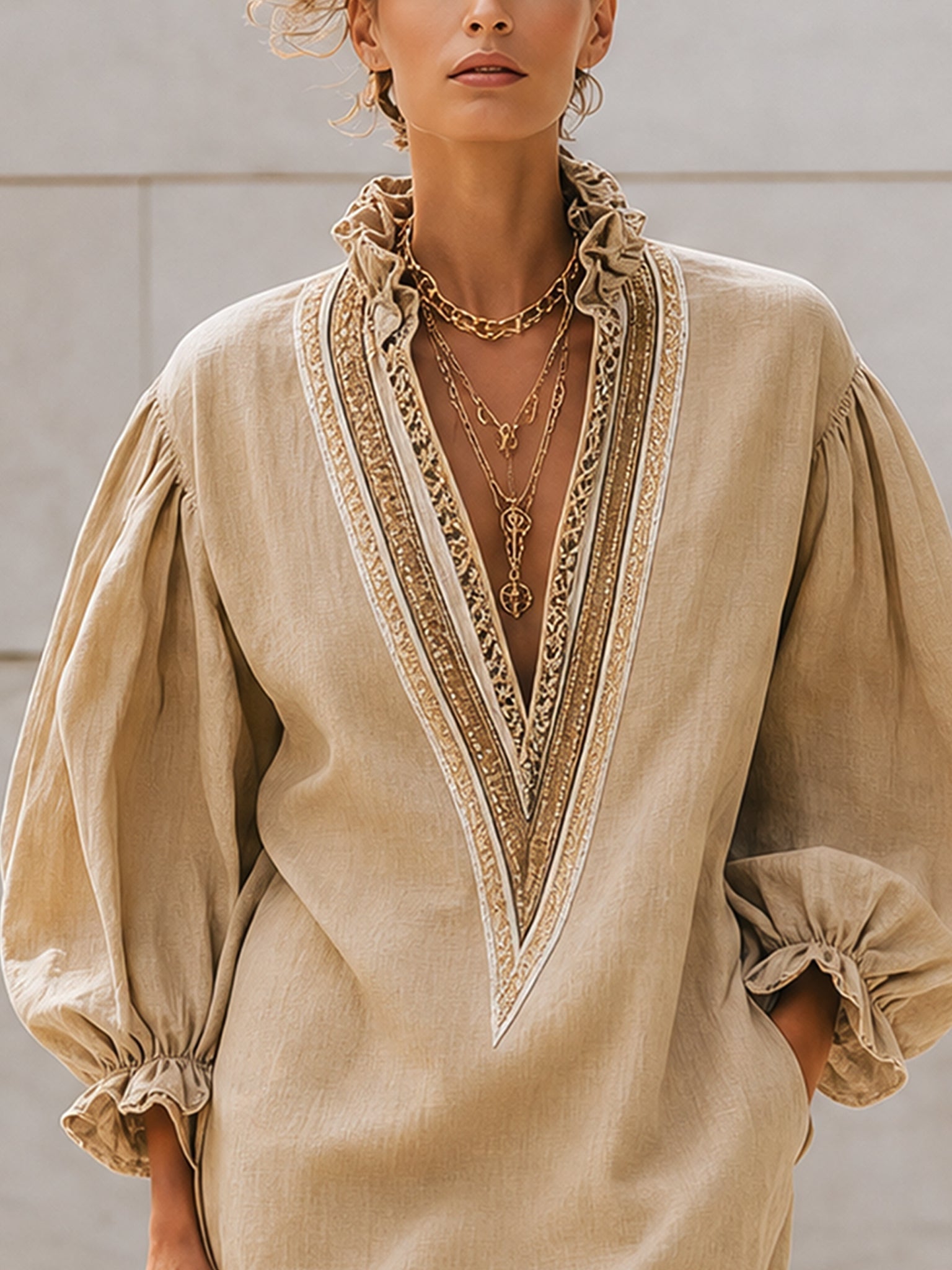 Beige Mini Dress with V-Neck and Puffed Sleeves — view 3