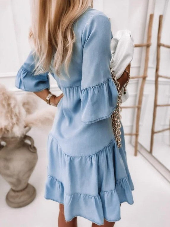 Washed Denim Midi Dress with Short Sleeves — view 3