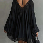 Black Chiffon Mini Dress with Lace Neckline — view 2