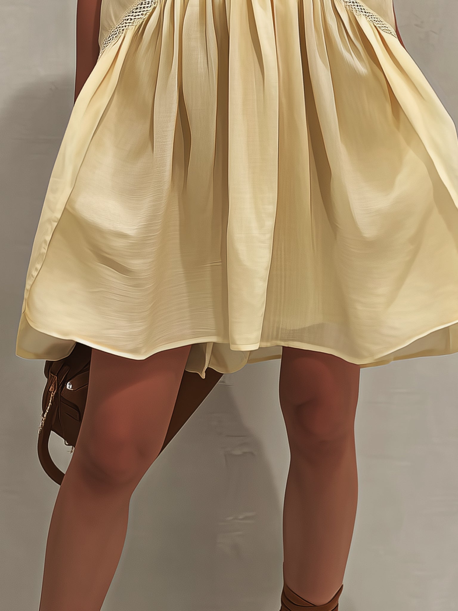 Yellow Sleeveless Mini Dress with Deep V-Neck and Lace — view 4