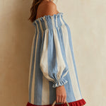 Blue and White Striped Mini Dress with Off-the-Shoulder Neckline — view 4